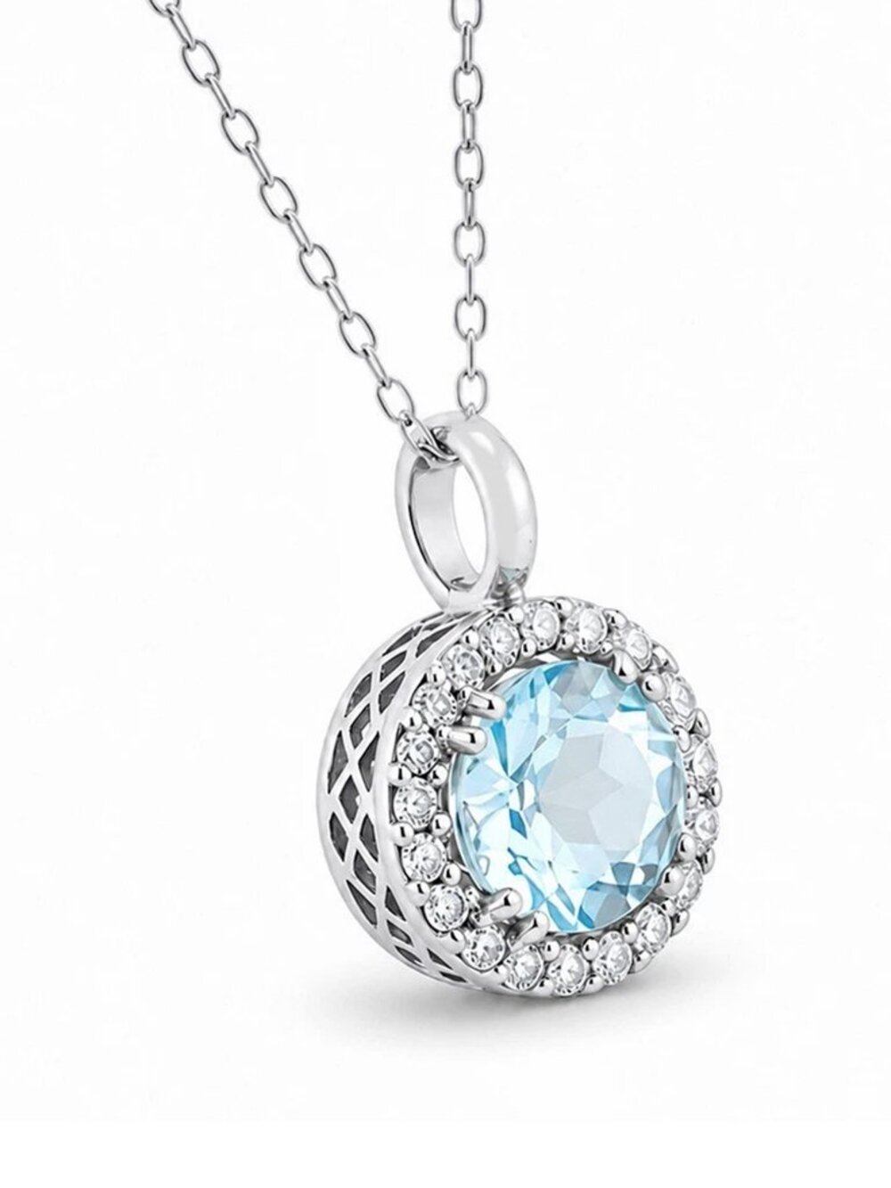Genuine 0.75 Cts Aquamarine & Diamonds Necklace Solid .925 Sterling Silver - Picture 3 of 6